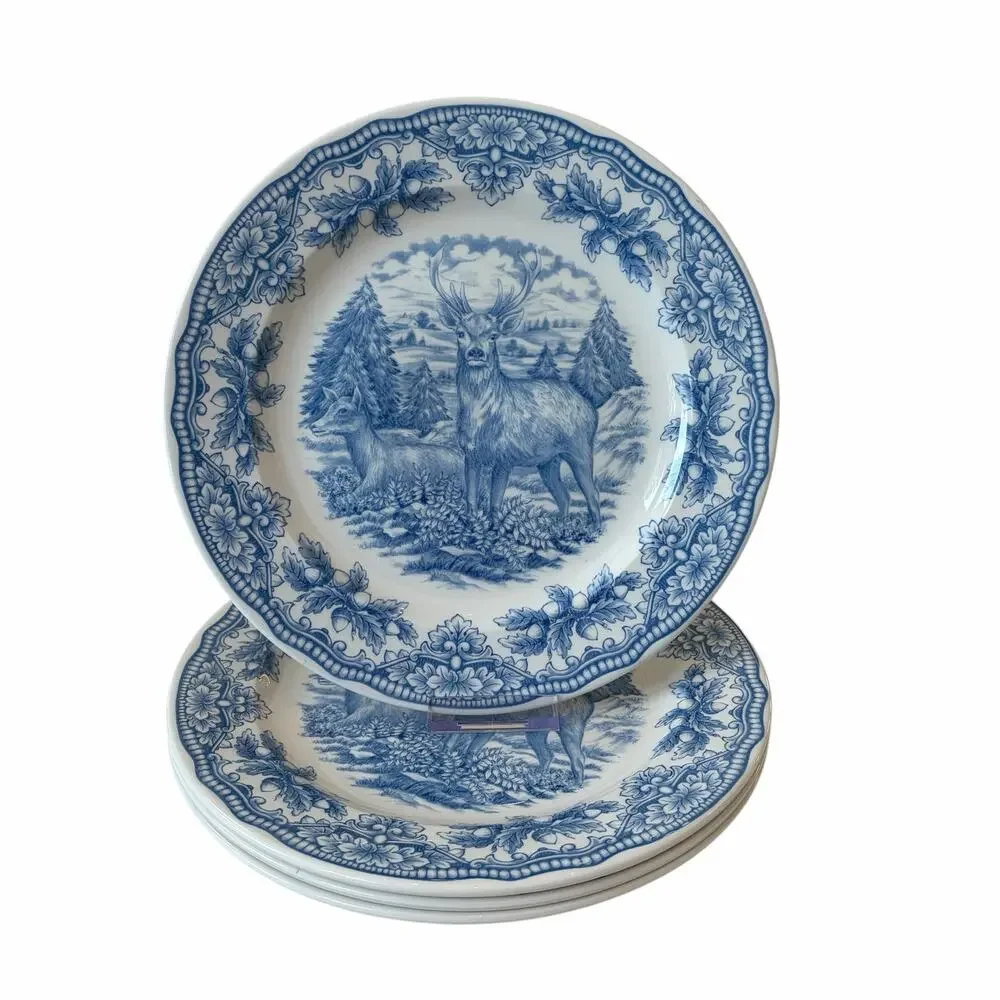 Royal Stafford Homeland STAG Dinner Plates 11in Set of 4 Blue Thanksgiving NEW